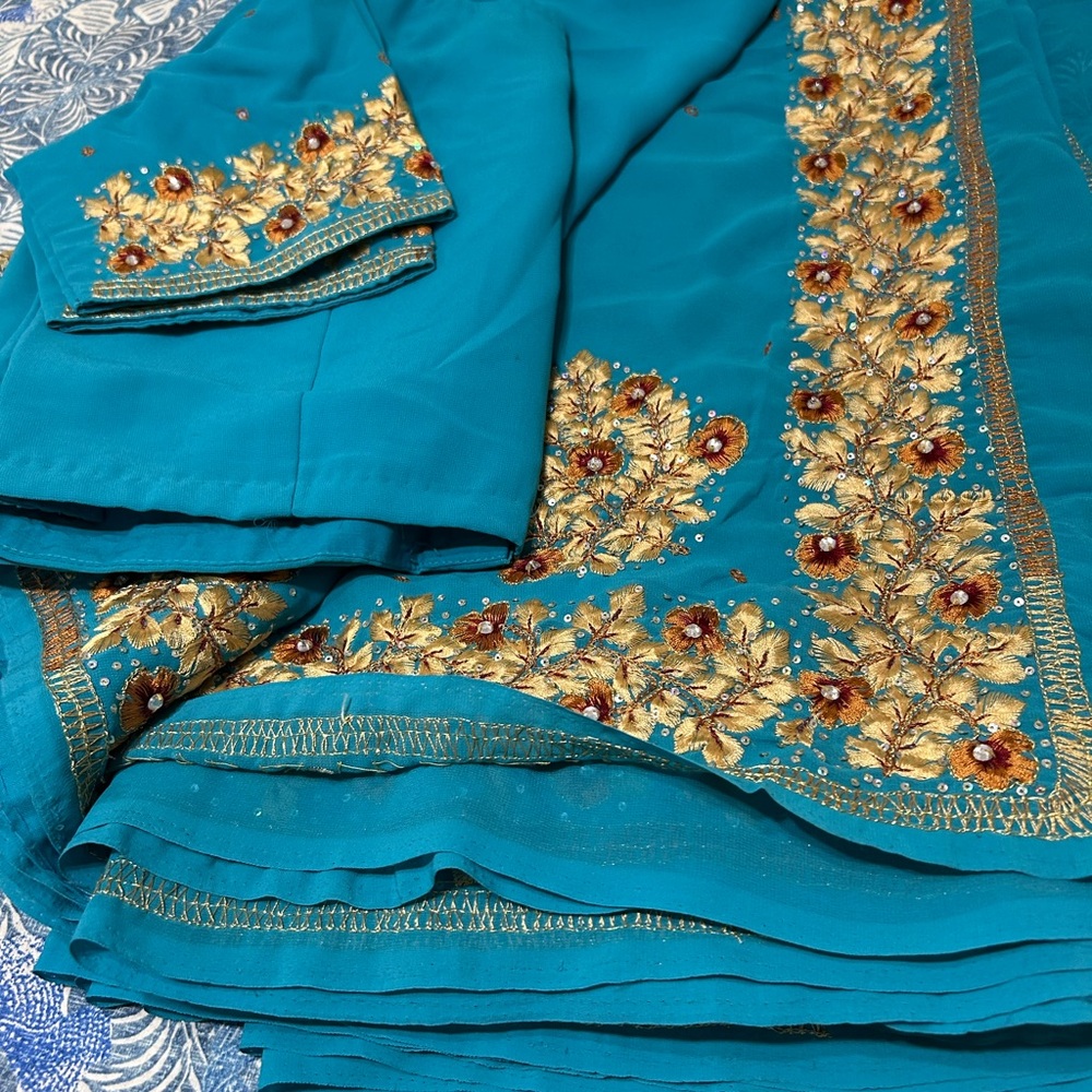 Teal Outfit with Gold Floral Embroidery